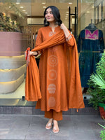 Thumbnail for The52 Orange Women's Gorgeous Chanderi Fabric Embroidered Work Straight Kurta Pant and Dupatta Set - Distacart