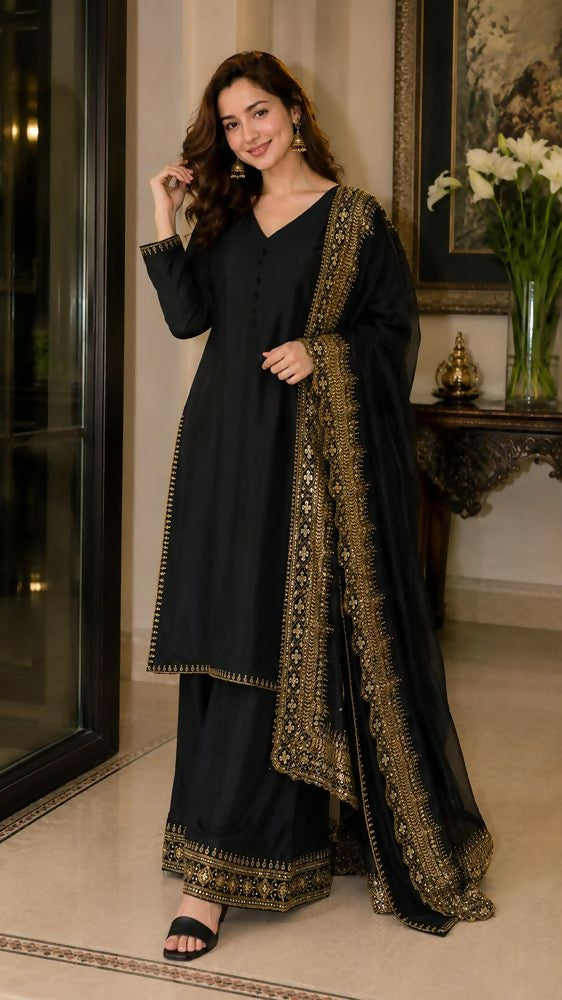 Teeya Creation New Latest Stylish Classic Black Festive Kurta Set with Gold Zari Border Palazzo and Dupatta - Dista