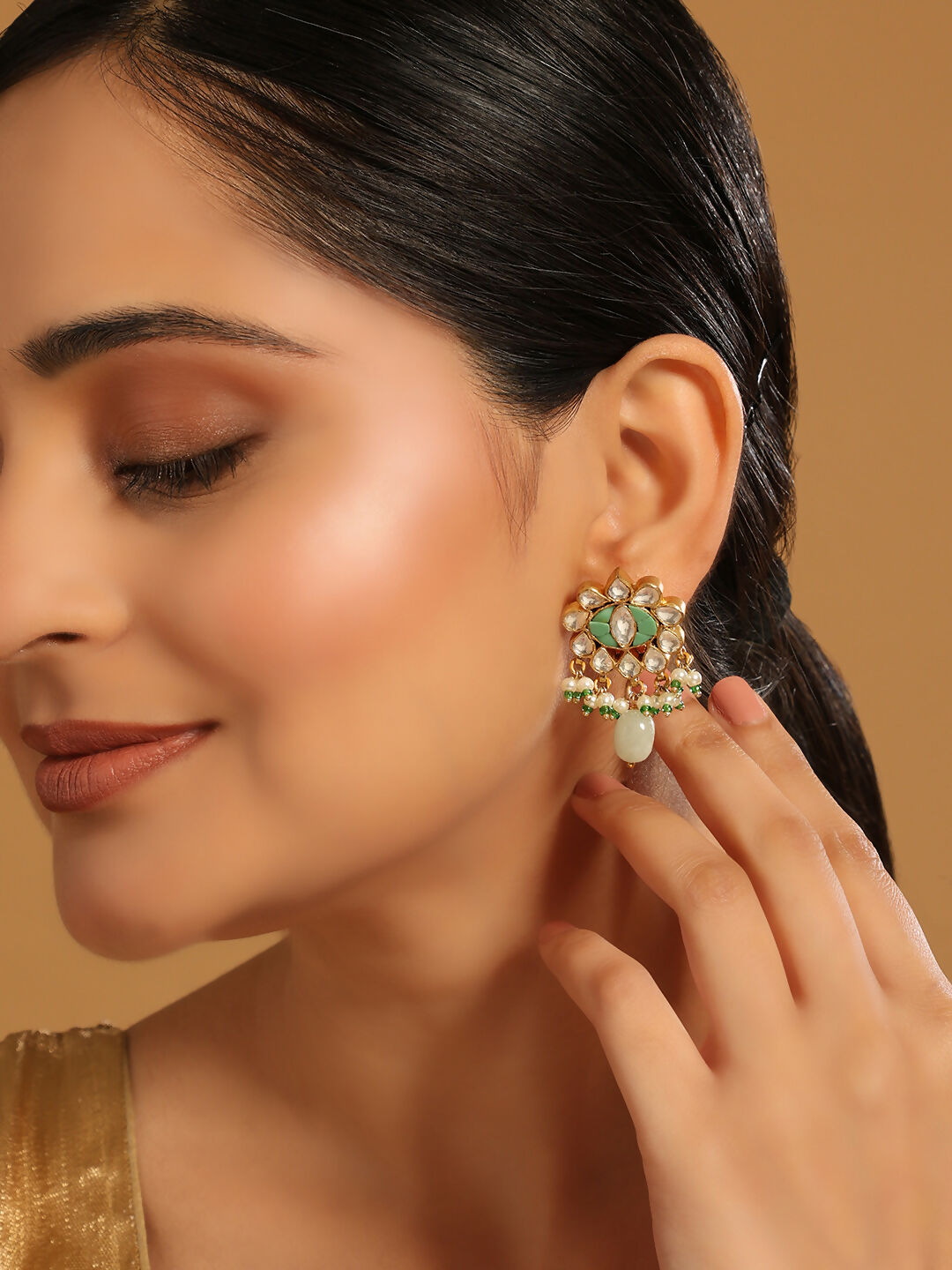 Nuyug 22K Gold Plated Semi Precious Green Stone Studded Pearl Drop Stud Earrings