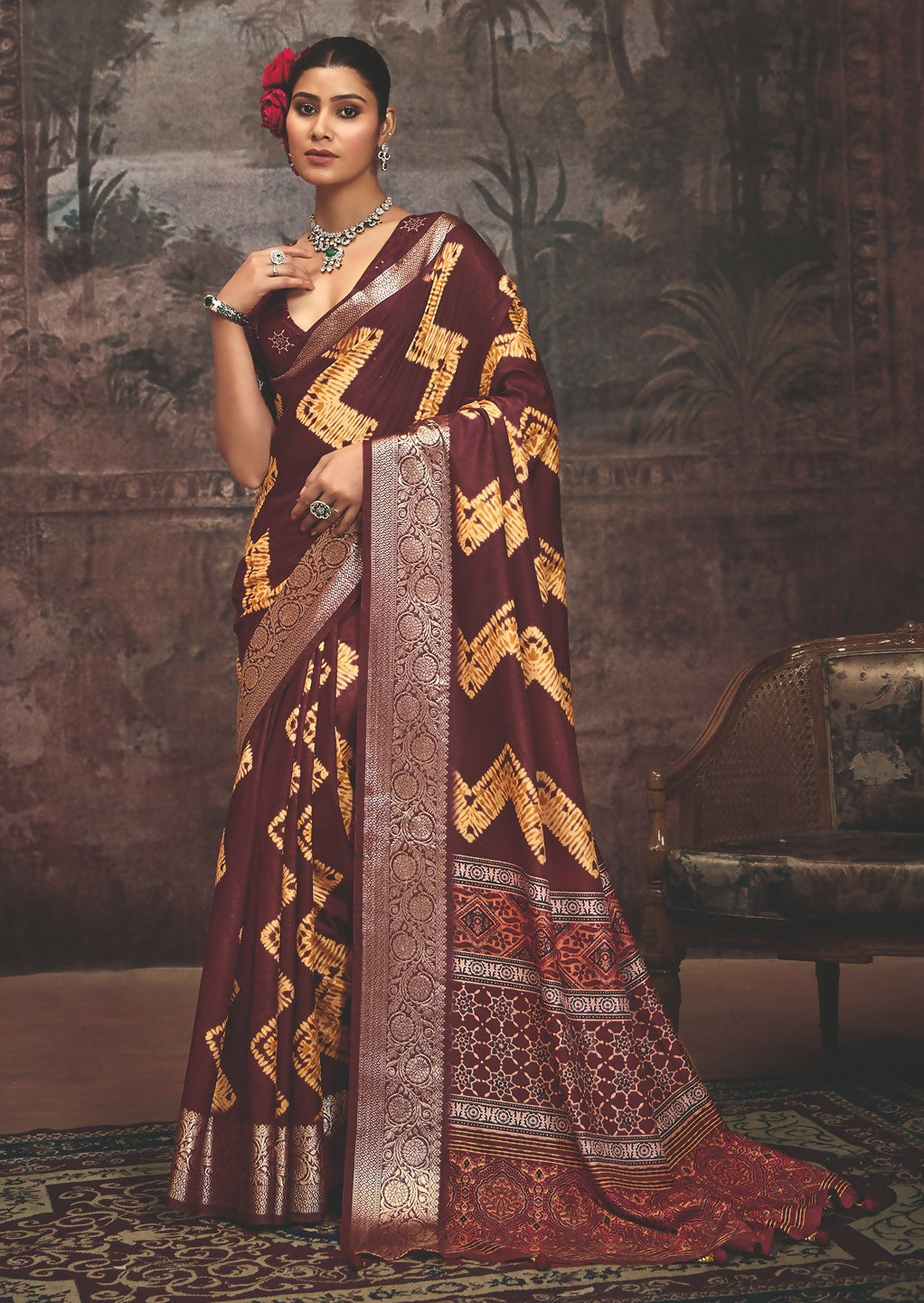 Joban Fashion Maroon Art Silk With Fine Viscose Border Ajrak Full Body Print With Soft Finish Saree