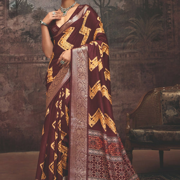 Joban Fashion Maroon Art Silk With Fine Viscose Border Ajrak Full Body Print With Soft Finish Saree - Distacart