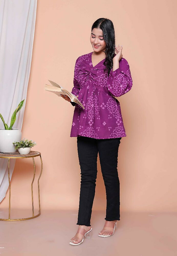 Miravan Womens Purple Bandhani Printed Butterfly Style Top - Distacart