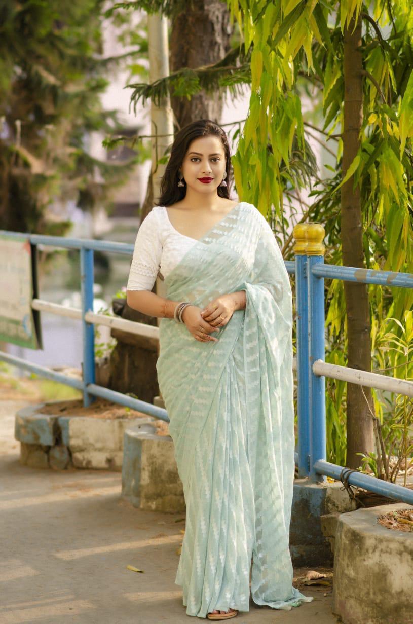 Blue Poly Chiffon Ethnic Motifs Saree with Unstitched Blouse - A2M - Distacart