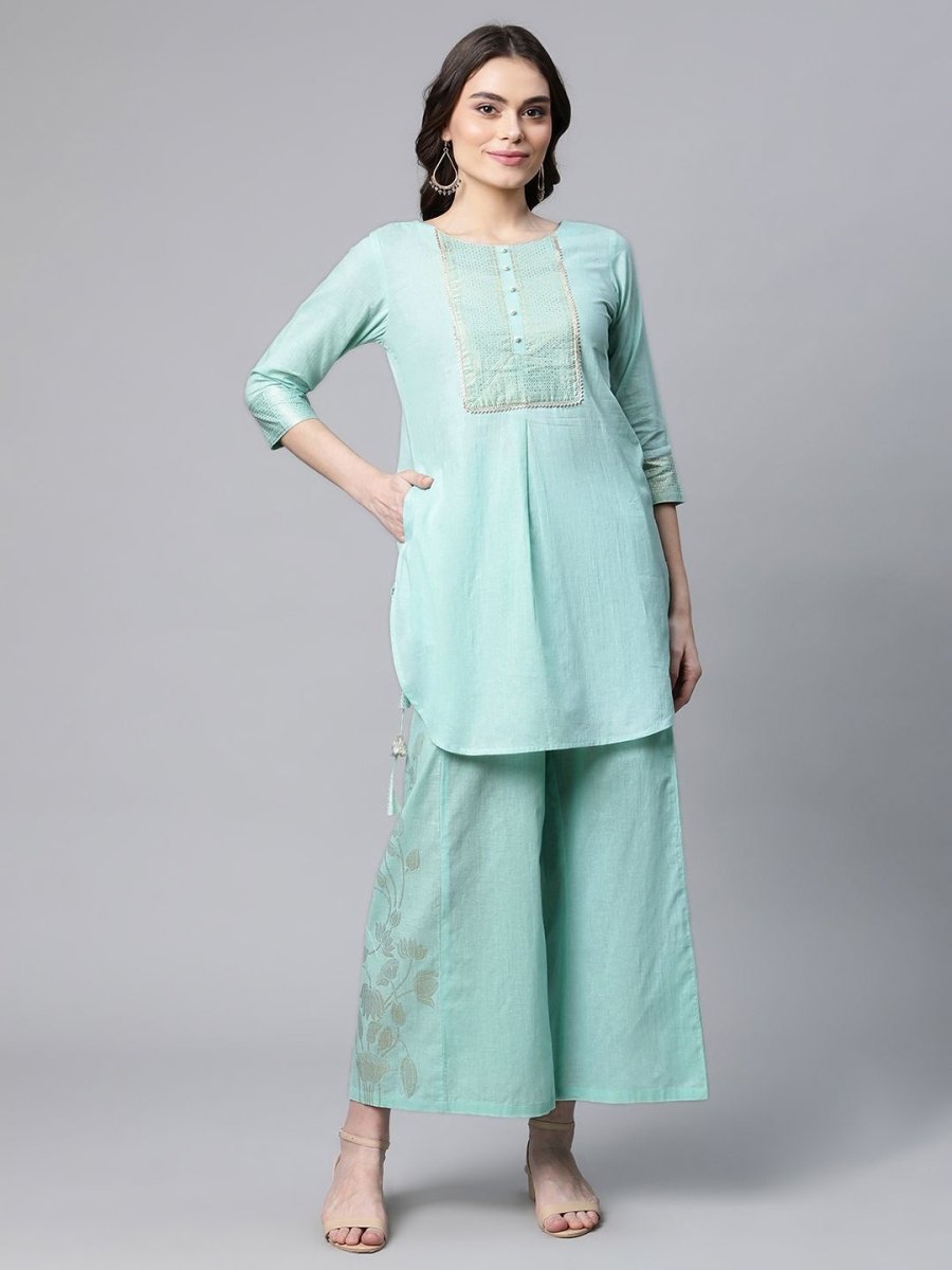 Ahalyaa Women Teal Pure Cotton Gold Foil Printed Pakistani Style Kurta Palazzo Set - Distacart