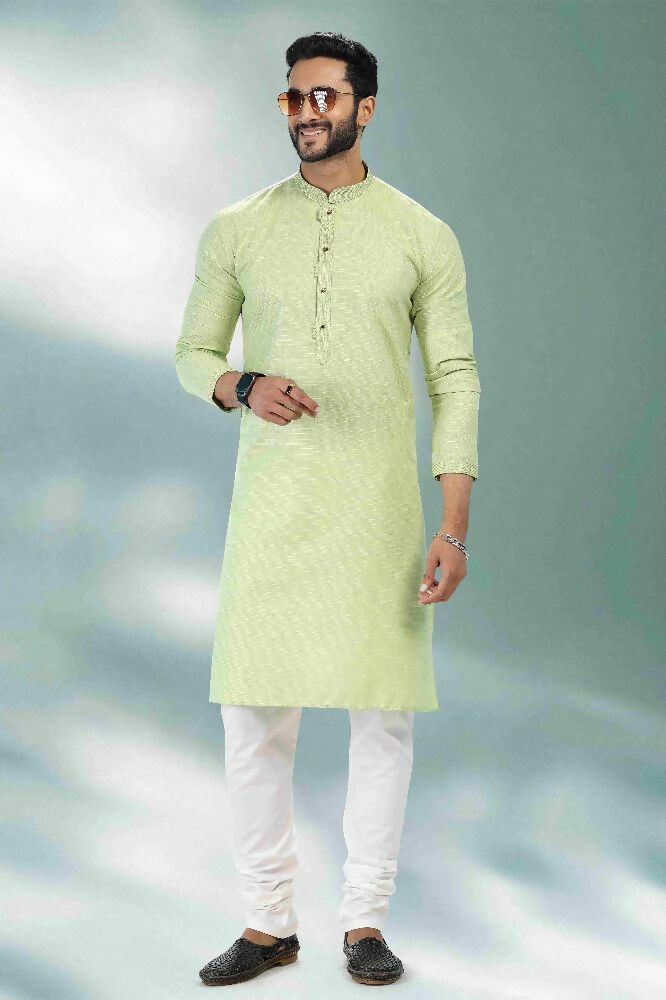 Raivat Ethnic Linen Cotton Pintux Work Kurta Pajama In Pista Green Colour - Dista
