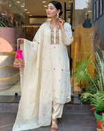 Thumbnail for The52 Off White Women's Gorgeous Chinon Fabric Embroidered Work Straight Kurta Pant and Dupatta Set - Distacart