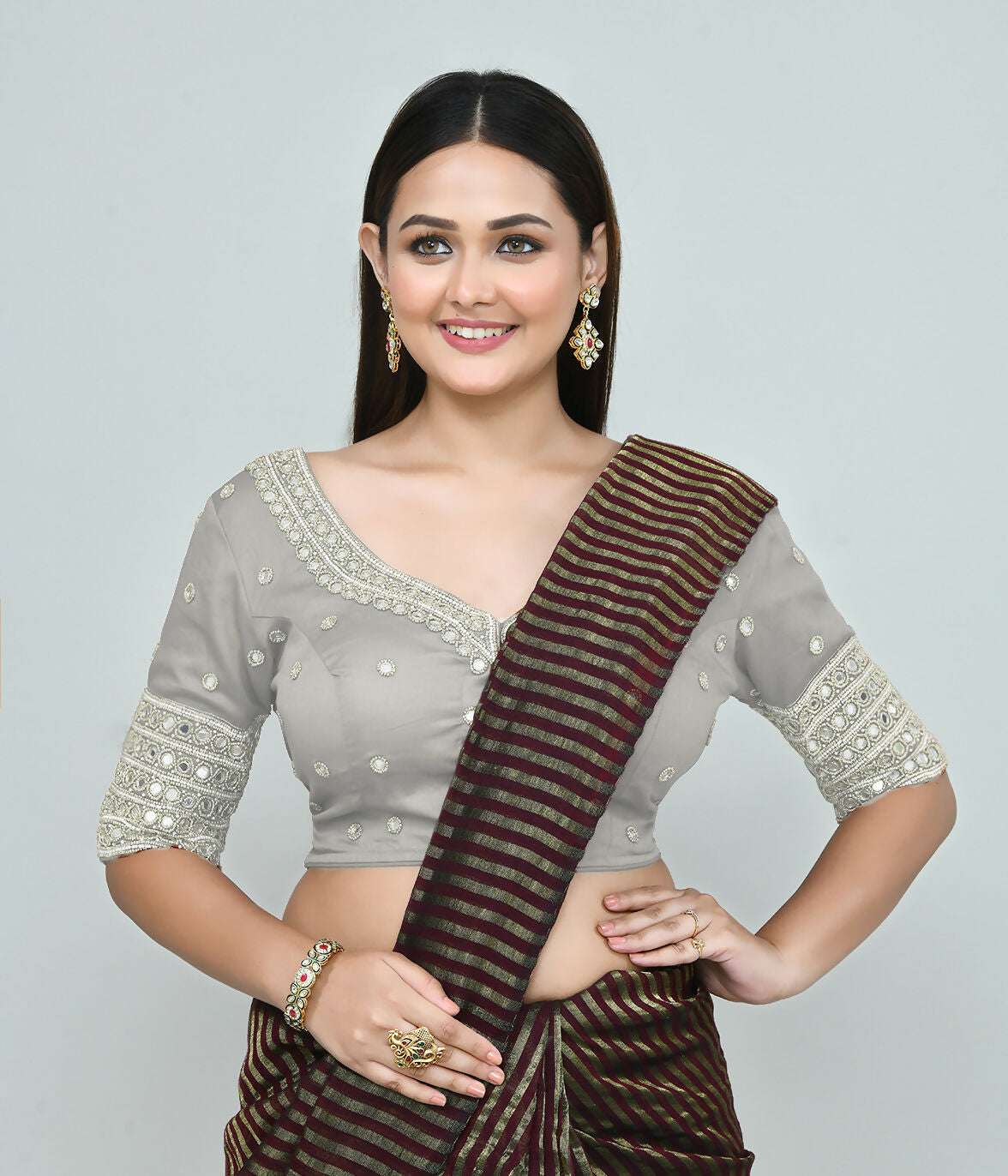 Joban Fashion Women's Grey Embroidered Stitched Blouse