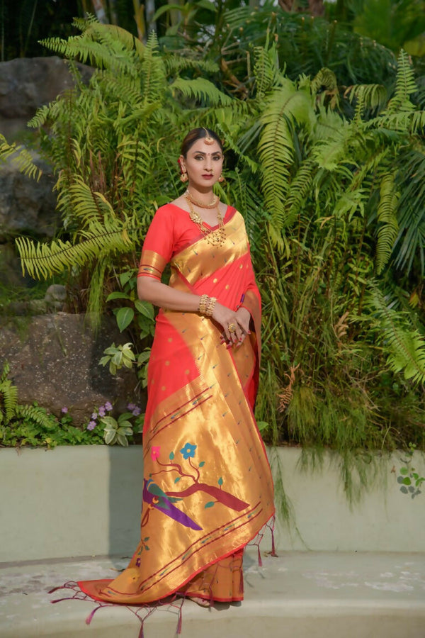 Jyoti Fashion Women's Red Paithani Silk Zari Woven Saree with Blouse - Distacart