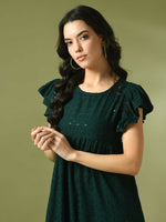 Thumbnail for Myshka Women's Green Embroidered Cotton Round Neck A-Line Party Dress - Distacart