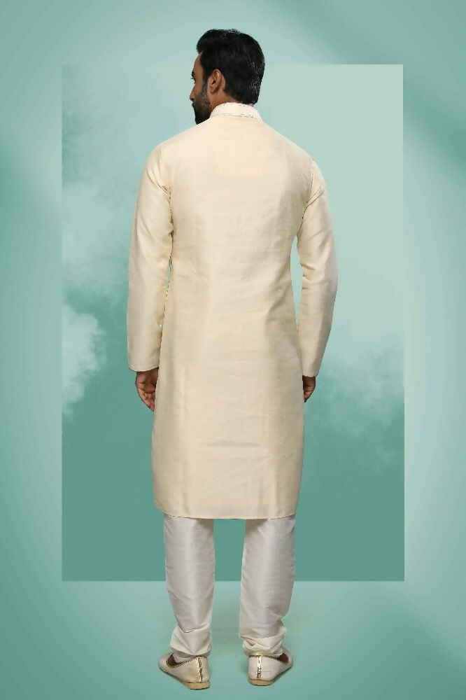 Raivat Ethnic Art Silk Mirror Embroidery Work Kurta Pajama In Cream Colour - Dista