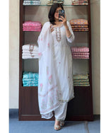 Thumbnail for The52 White Women's Gorgeous Georgette Butti Fabric Embroidered Work Straight Kurta Pant and Dupatta Set - Distacart