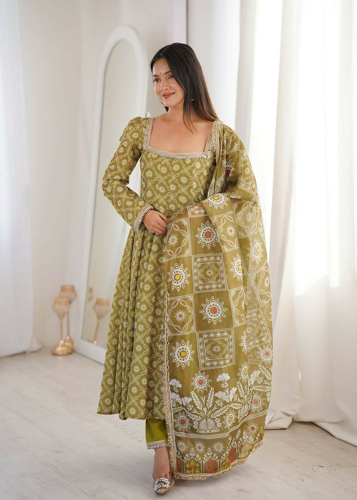 Teeya Creation Olive Green Floral Printed Anarkali Suit with Detailed Square Neckline - Dista