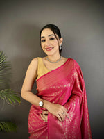 Thumbnail for Joban Fashion Rani Pink Floral & Paisley Motifs Soft Satin Silk Banarasi Saree - Distacart