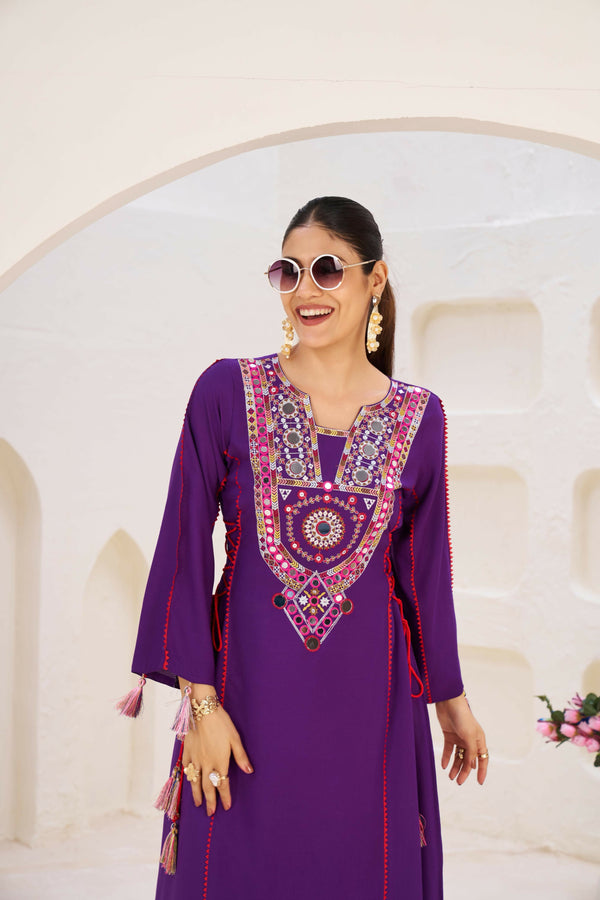 Joban Fashion Purple Palazzo Rayon Coding Dori with Sequence with Rivet Moti