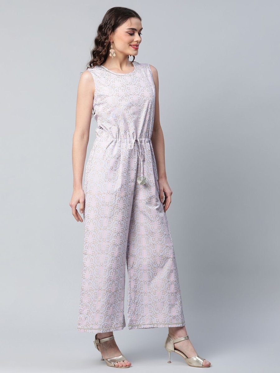 Ahalyaa Womens Blue Crepe Gold Printed Jumpsuit