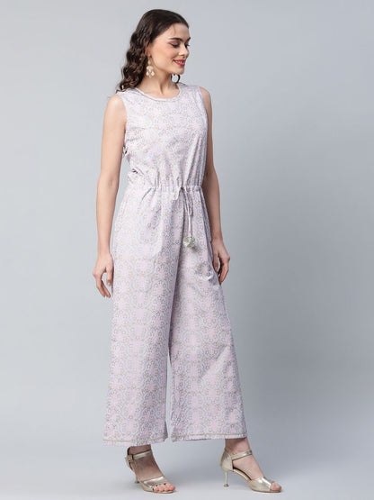 Ahalyaa Womens Blue Crepe Gold Printed Jumpsuit