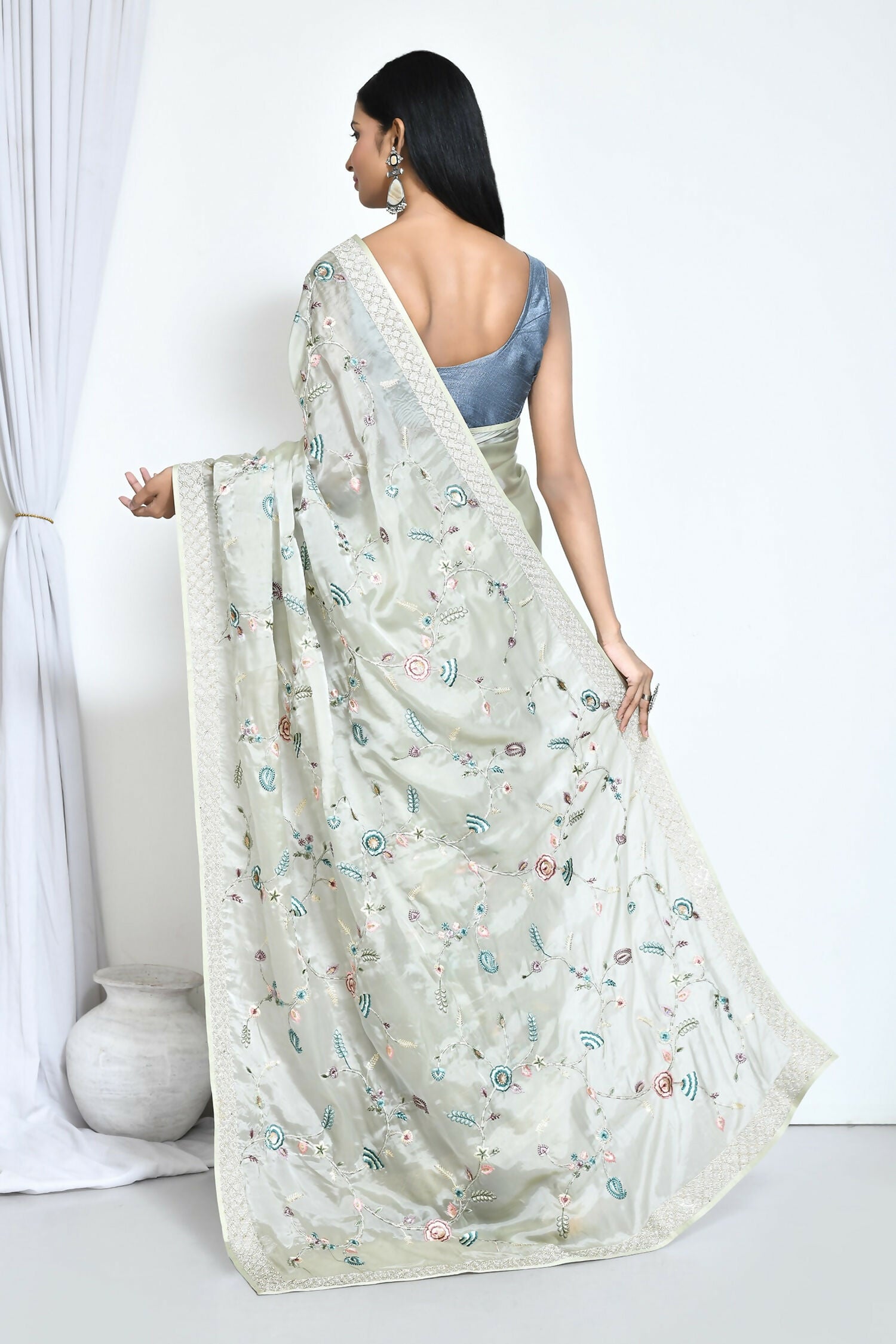 Green Satin Silk Sequence Embroidered With Stone Work Festive Saree - Nimaya Denzy - Distacart