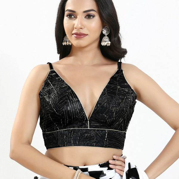 Joban Fashion Black Satin Crush Padded Blouse With V Neck Sleeveless - Distacart