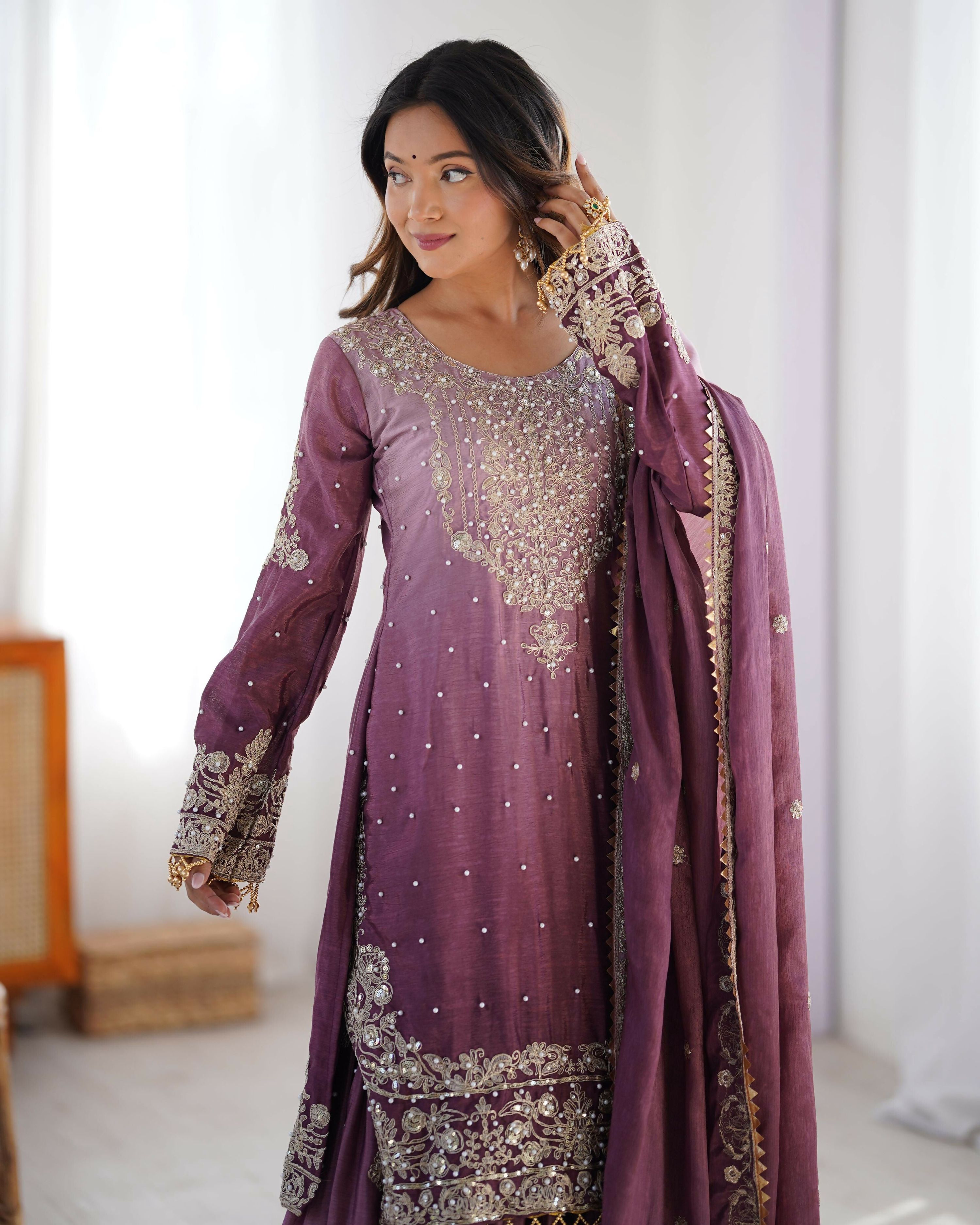 Joban Fashion Lavender Palazzo Chinon silk Coding Dori with Sequence with Rivet Moti