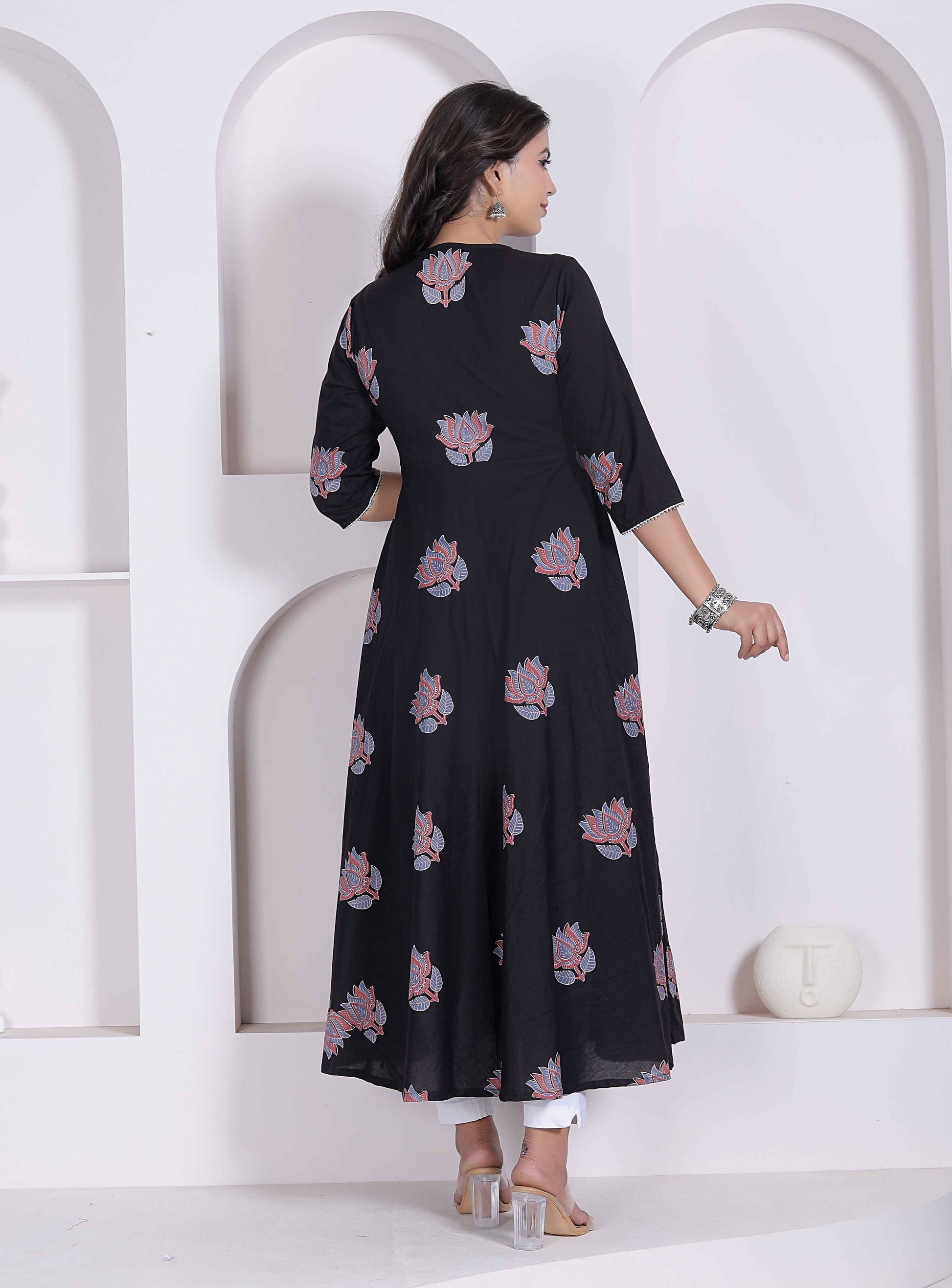 Miravan Womens Cotton Floral Print Anarkali Kurta-Black - Dista