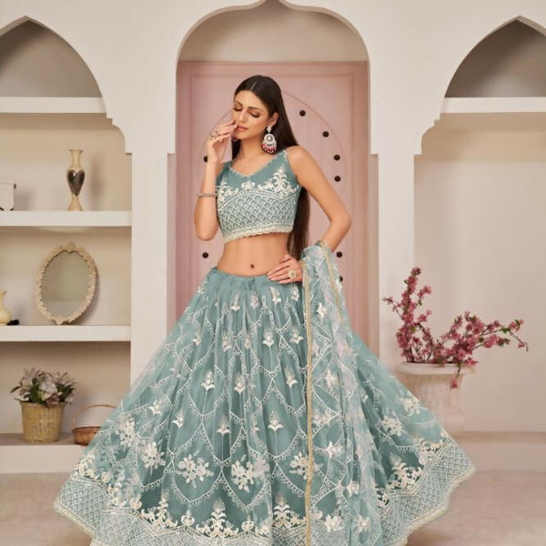 Aastha Fashion Ocean Blue Butterfly Net White Cotton Thread Work, Zari Work And Sandwich Sequence Work Embroidery Wedding Wear Lehenga Choli - Distacart