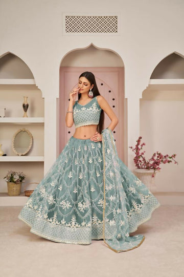 Aastha Fashion Ocean Blue Butterfly Net White Cotton Thread Work, Zari Work And Sandwich Sequence Work Embroidery Wedding Wear Lehenga Choli - Distacart
