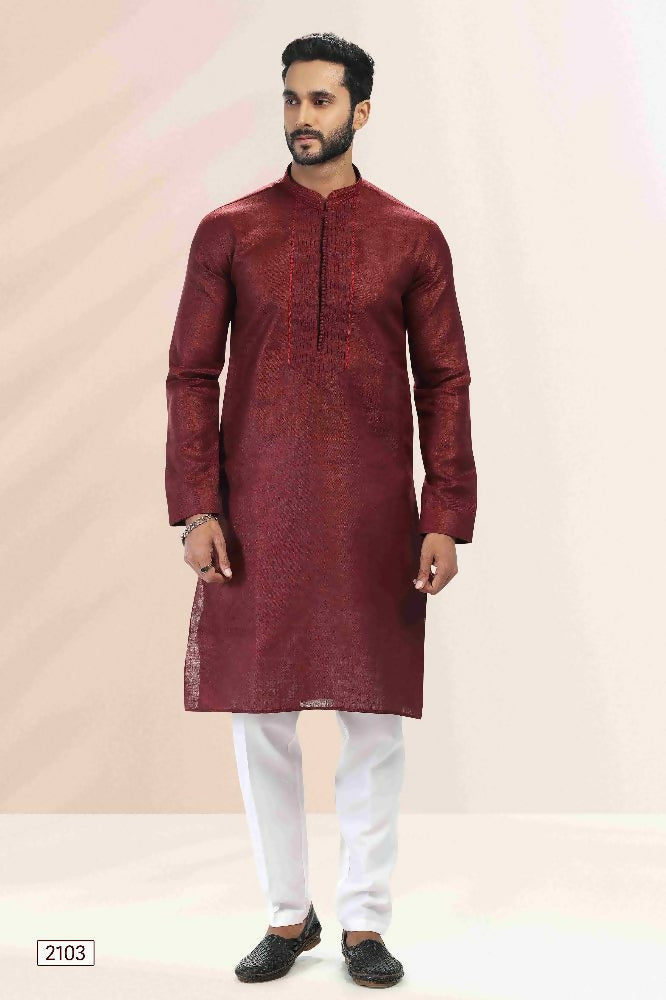 Raivat Ethnic Linen Cotton Pintux Work Kurta Pajama In Maroon Colour - Dista