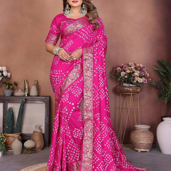 Aastha Fashion Pink Pure Dola Silk Handmade Original Bandhej Saree - Distacart
