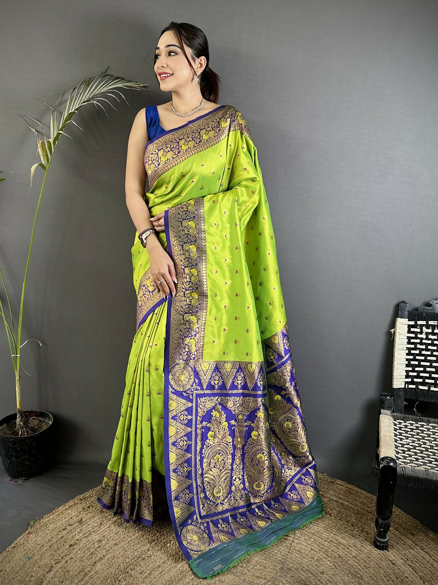Joban Fashion Parrot Green Intricate Motifs Soft Silk Banarasi Saree - Dista