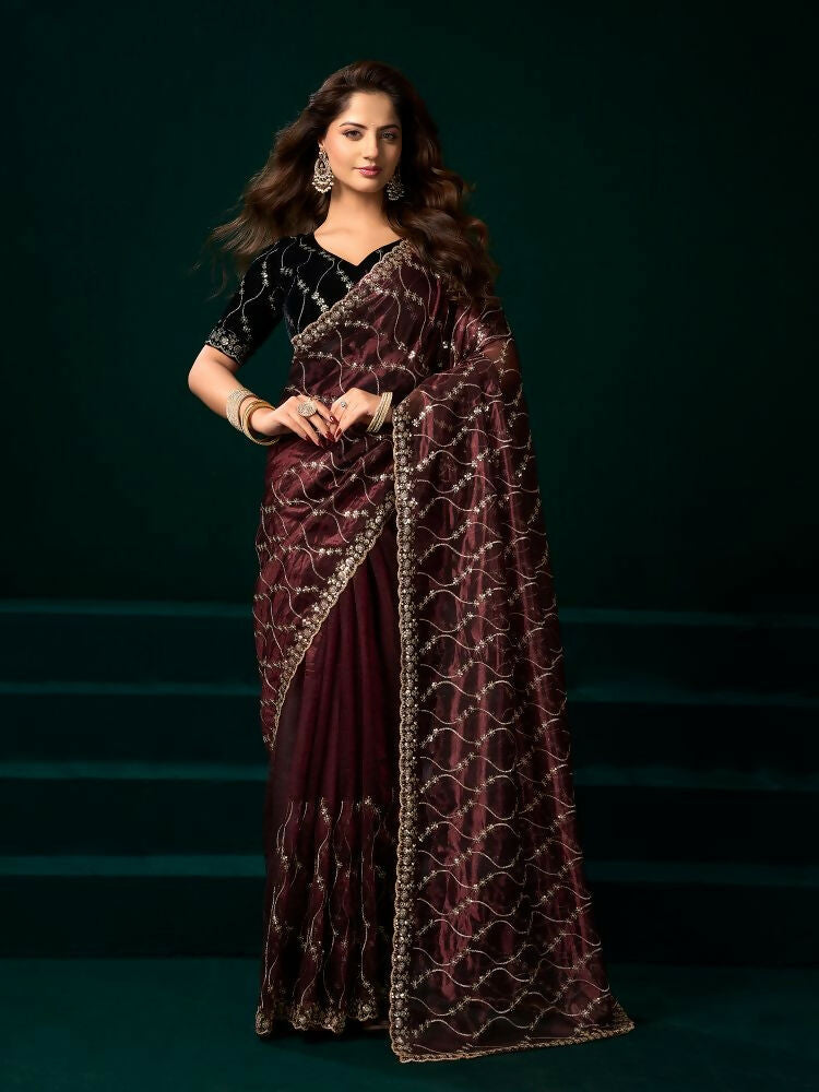 Joban Fashion Maroon Net Party Wear Sarees - Distacart