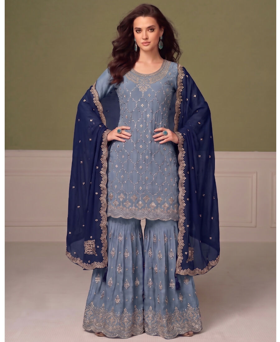 KC Heavy Chinon Sky Blue Salwar Suit For Women Ethnic Wear - Dista