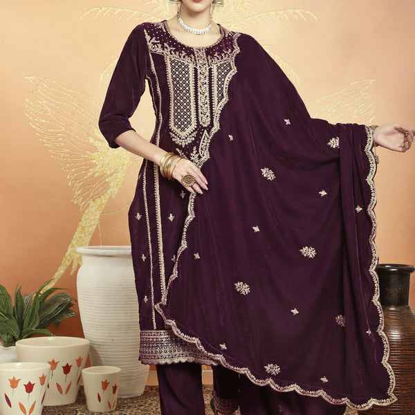 Jyoti Fashion Women's Wine Velvet Cording with Resham Thread & Sequin Kurta with Trouser & Dupatta - Distacart