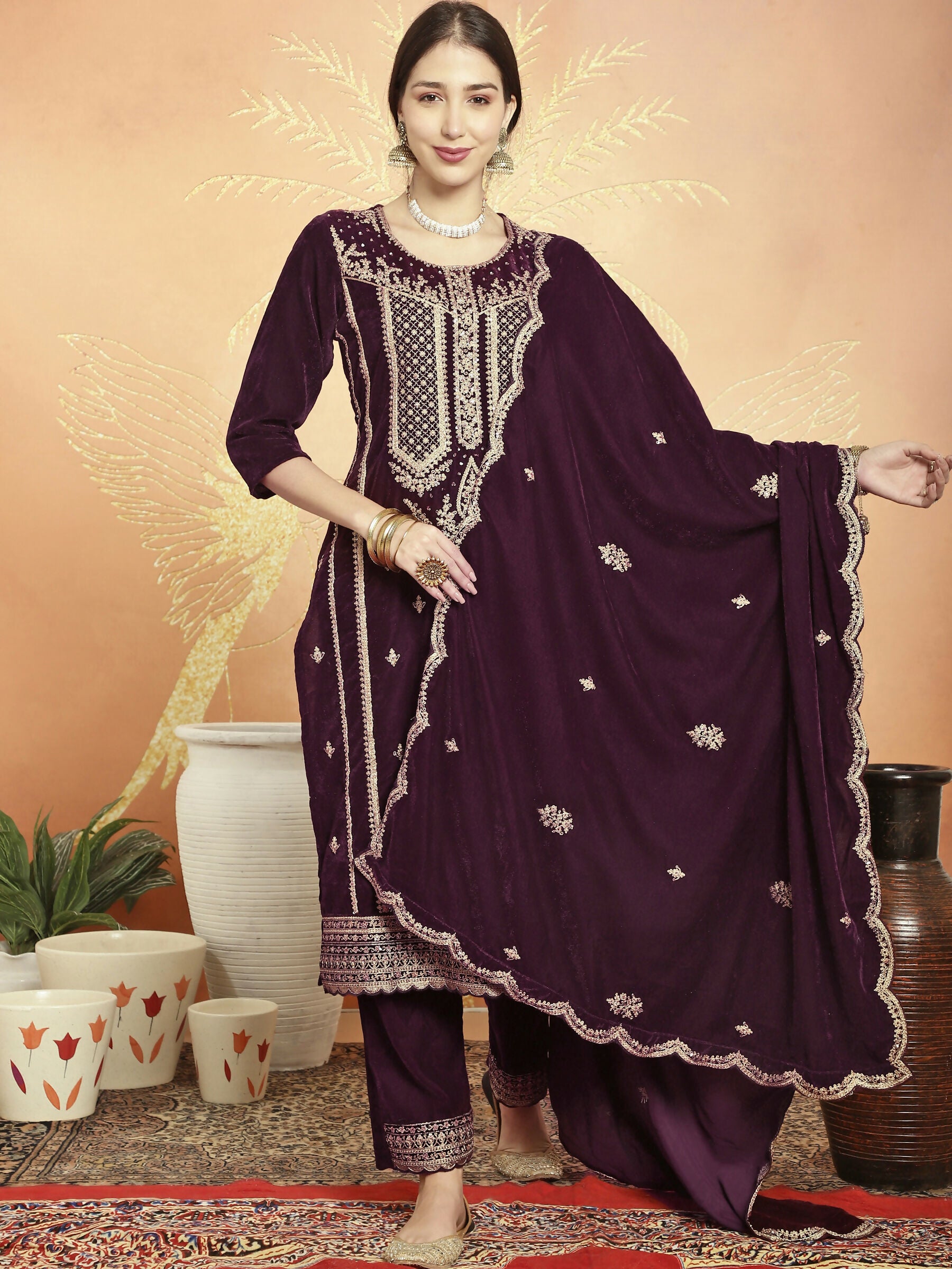 Jyoti Fashion Women's Wine Velvet Cording with Resham Thread & Sequin Kurta with Trouser & Dupatta - Distacart