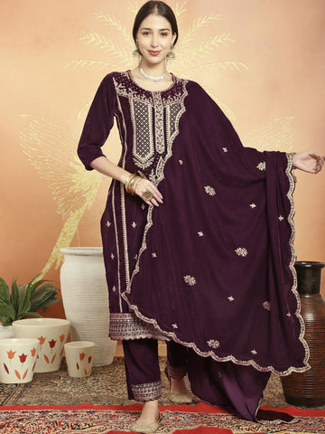 Jyoti Fashion Women's Wine Velvet Cording with Resham Thread & Sequin Kurta with Trouser & Dupatta - Distacart