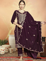 Thumbnail for Jyoti Fashion Women's Wine Velvet Cording with Resham Thread & Sequin Kurta with Trouser & Dupatta - Distacart