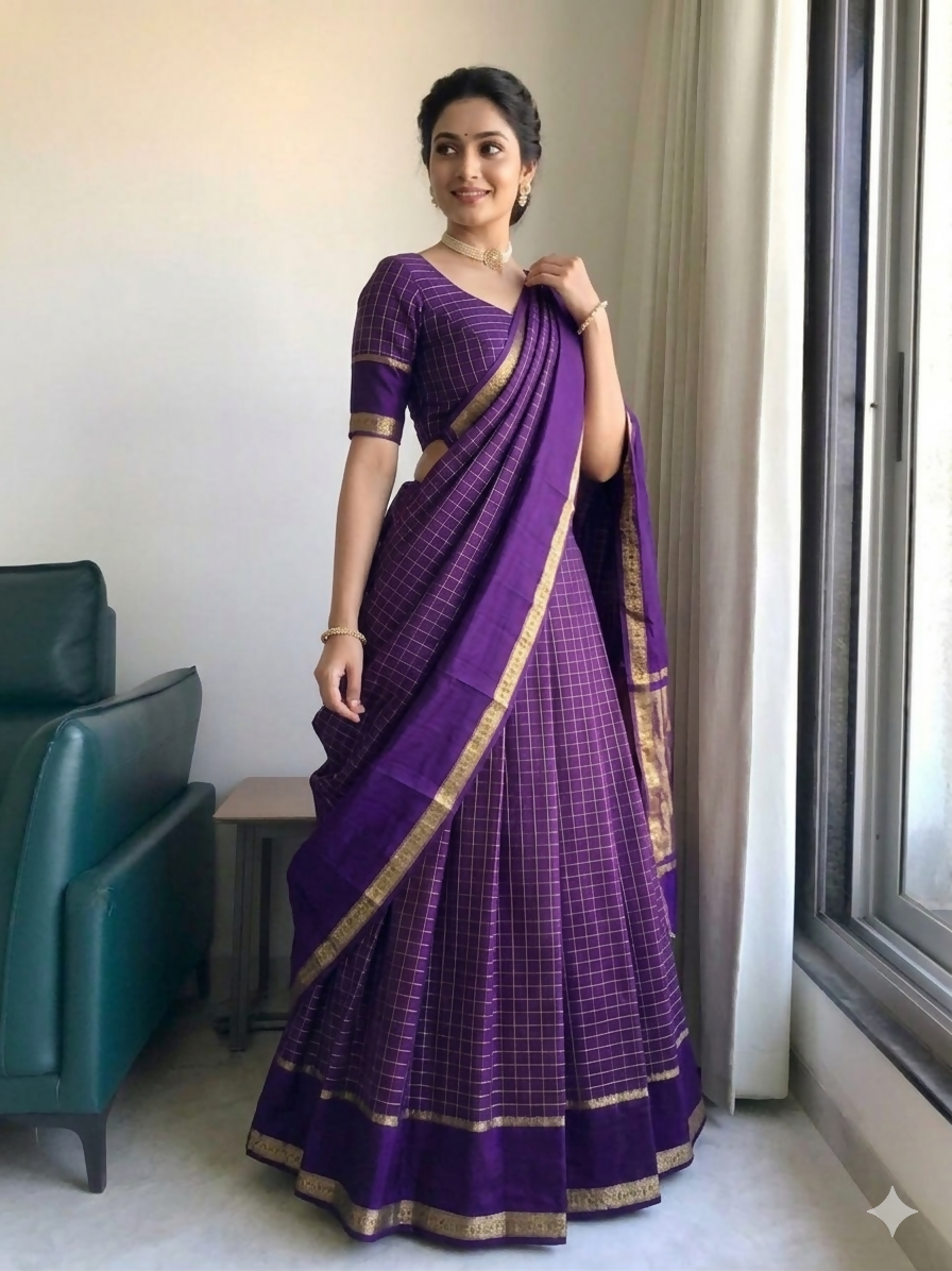 Teeya Creation New South Indian Silk Checked Half Saree Lehenga Choli with Zari Border-Purple - Dista