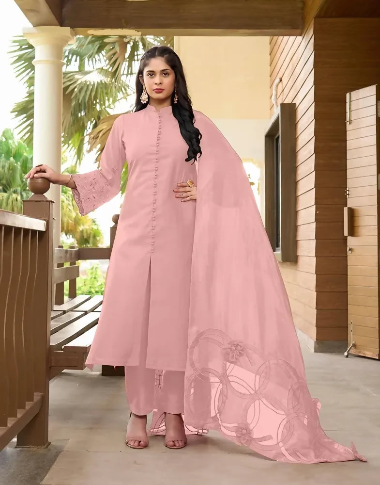 Nikhaar Light Pink Embroidered Art Silk A Line Readymade Pakistani Suit