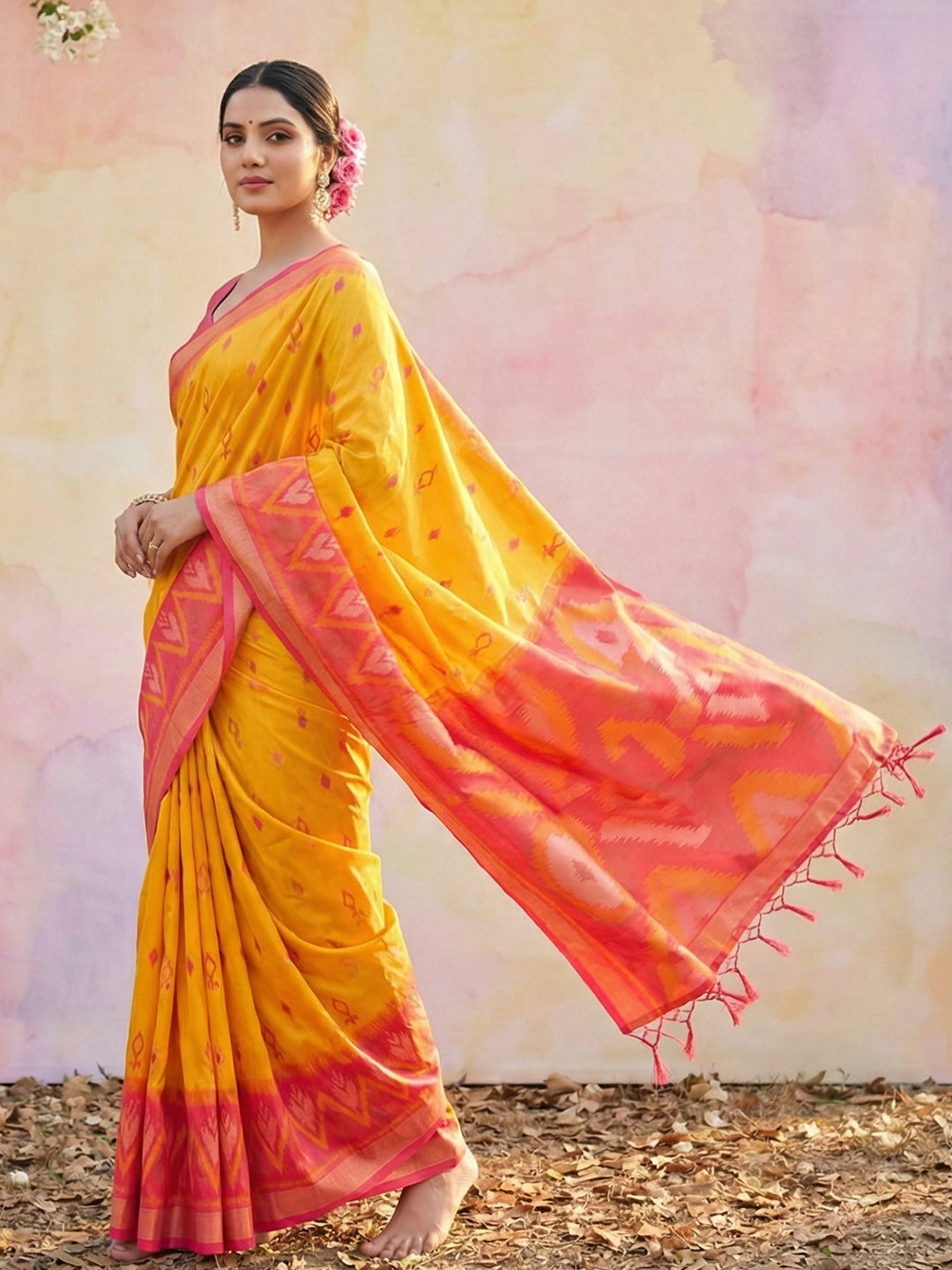 Anaita D Yellow Soft Silk Printed Saree With Blouse - Dista