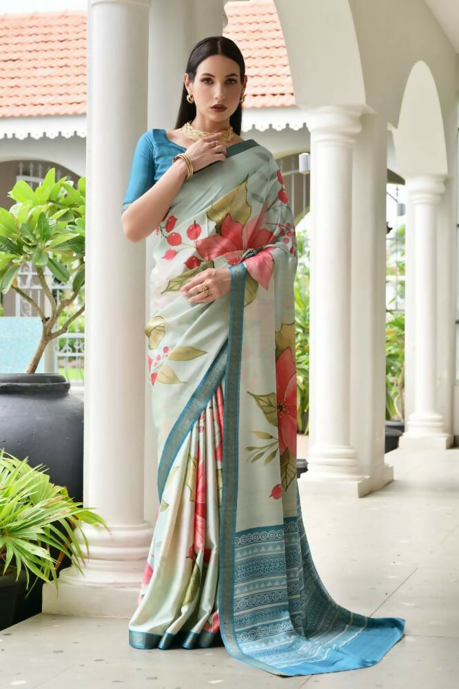 Vishnu Weaves Women's Firozi Satin Silk Printed Saree with Blouse