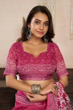 Thumbnail for Joban Fashion Pink Floral Linen Ready To Wear Saree With Unstitched Blouse - Distacart