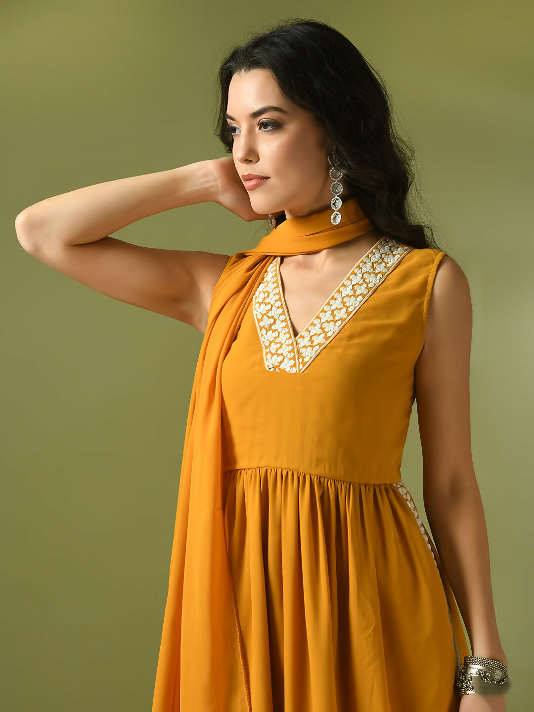 Myshka Women's Yellow Solid Georgette Anarkali Party Kurta Set With Dupatta - Distacart