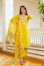 Thumbnail for The52 Yellow Women's Beautiful Embroidered Viscose Shimmer Fabric with Straight Kurta, Pant and Dupatta Set - Distacart