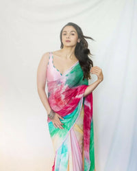 Thumbnail for Malishka Georgette Printed Ready To Wear Saree With Blouse Piece - Multi Color - Distacart