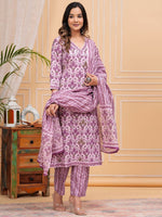 Thumbnail for Floral Printed Regular Pure Cotton Straight Kurta with Palazzos & With Dupatta (Pink) - Rasiya