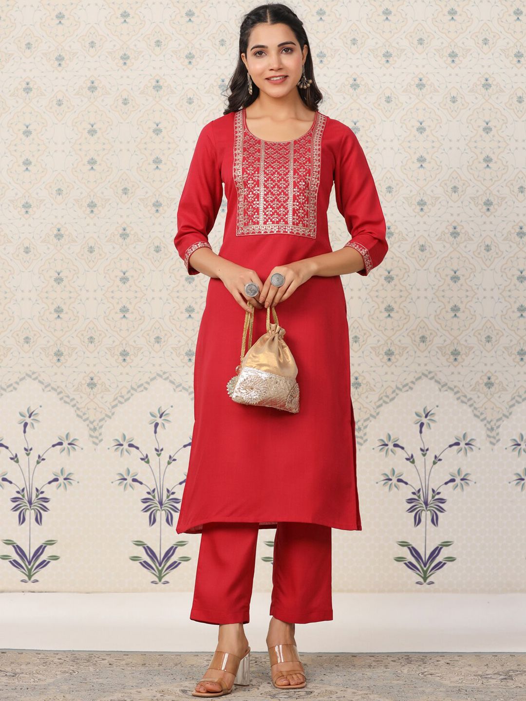 Ode by House of Pataudi Ethnic Motifs Yoke Design Sequinned Kurta with Trousers - Distacart