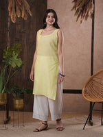 Thumbnail for ADA Women Yellow & White Hand Embroidered Chikankari Sustainable Kota Handloom Kurta With Matching Slip - Distacart