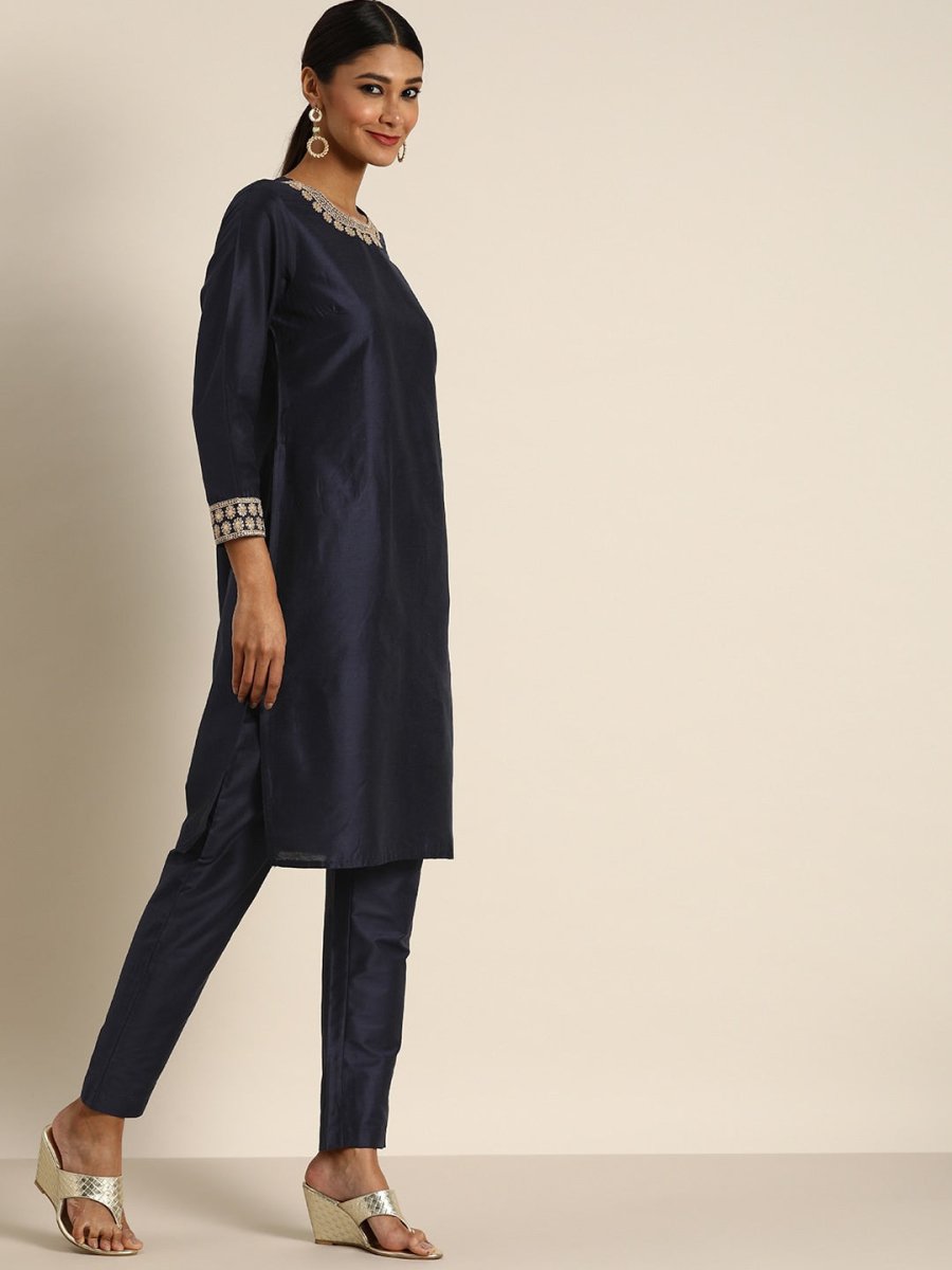 All About You Women Navy Blue & Golden Satin Finish Kurta with Trousers & With Dupatta - Distacart
