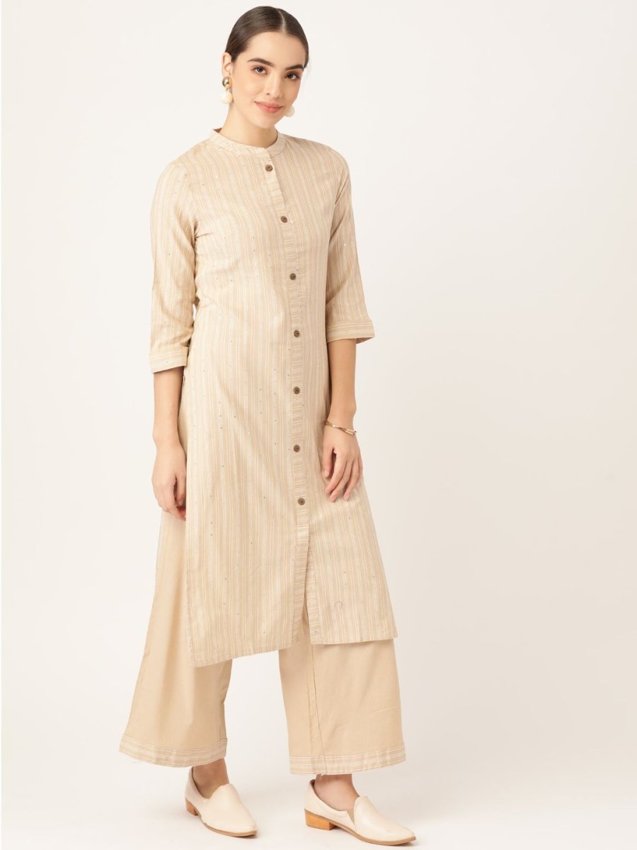 Anouk Women Beige Pure Cotton Striped Kurta with Palazzos