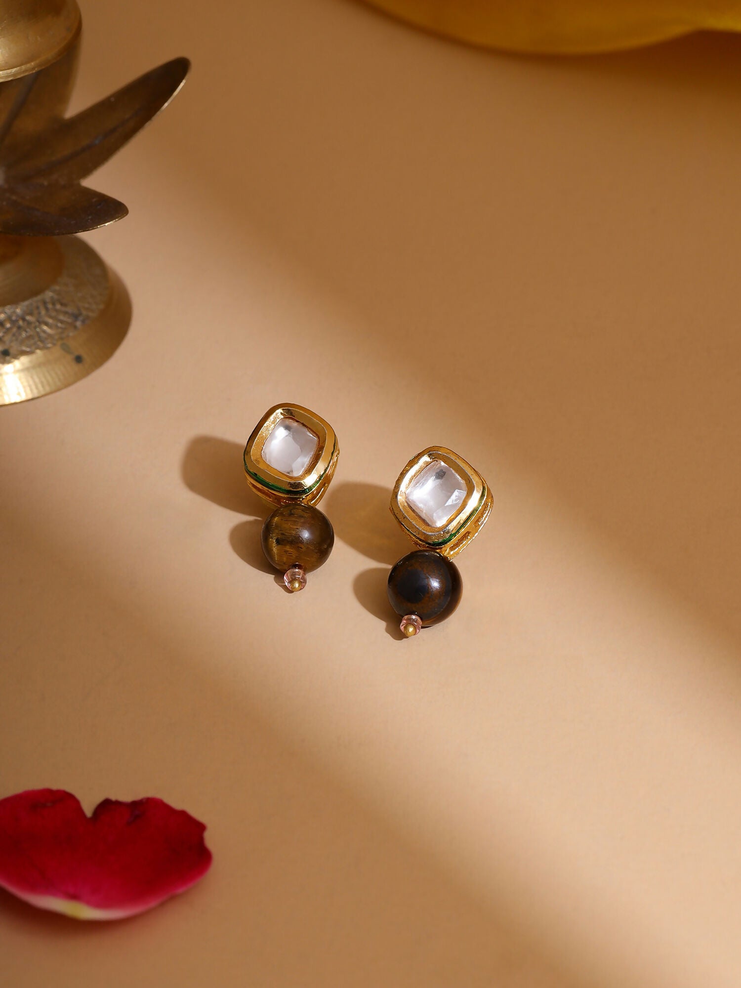 Ruby Raang Brown Tiger Eye Stone Kundan Studs