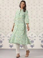 Thumbnail for Ode by House of Pataudi Floral Printed Band Collar Pure Cotton Kurta - Distacart